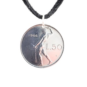 Italian Coin Necklace, Pendant, Mens Necklace, Womens Necklace, 50 Lire, Leather Cord, Vintage Handmade, 1962, 1956, 1966, 1967, Birth Year