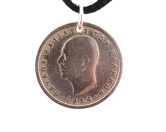 Greek Coin Necklace, 2 Drachmai, Leather Cord, Coin Pendant, Men's Necklace, Women's Necklace, Coin Jewelry, 1954, 1957