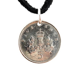 English Coin Necklace, Pendant, 5 Pence, Mens Necklace, Womens Necklace, Leather Cord, Birth Year, 2000, 2001, 2003, 2004, Handmade