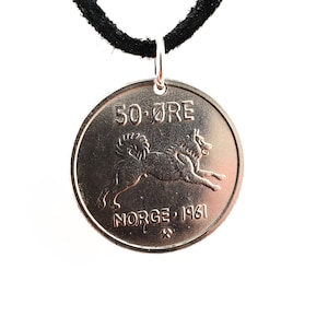 Norway Coin Necklace, Coin Pendant, 50 Ore, Mens Necklace, Womens Necklace, Leather Cord, Handmade, 1961, Vintage