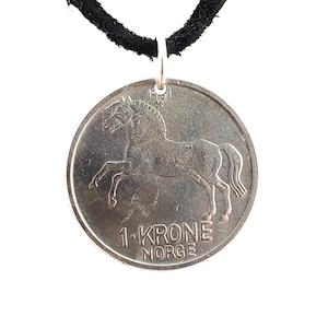 Norway Coin, Necklace, Pendant, 1 Krone, Mens Necklace, Womens Necklace, Handmade, Leather Cord, 1961, Vintage