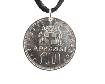 Greek Coin Necklace, 10 Drachmai, Coin Pendant, Leather Cord, Mens Necklace, Womens Necklace, Birth Year, 1959