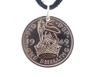 Lion Coin Necklace, England 1 Shilling, Mens Necklace, Womens Necklace, Coin Pendant, Leather Cord, Birth Year, 1948, 1949, Vintage, Crowned