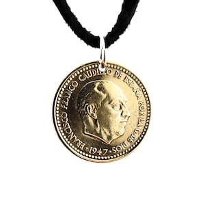 Spanish Coin Necklace, 1 Peseta, Coin Pendant, Leather Cord, Mens Necklace, Womens Necklace, Year 1947