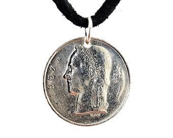 Belgium Coin Necklace, 1 Franc, Coin Pendant, Mens Necklace, Womens Necklace, Leather Cord, 1951, 1957, Vintage