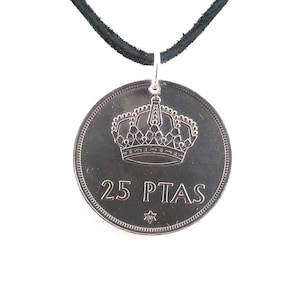 1975 Spanish Coin Necklace, 25 Pesetas, Coin Pendant, Leather Cord, Mens Necklace, Womens Necklace, Vintage
