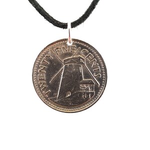 Windmill Coin Necklace, Barbados 25 Cents, Coin Pendant, Leather Cord, Men&#39;s Necklace, Women&#39;s Necklace, 1973 1978