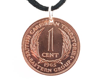 Caribbean Coin Necklace, 1 Cent, Mens Necklace, Womens Necklace, Coin Pendant, Leather Cord, 1961, 1962, 1964, 1965, Vintage