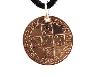 Portugal Cross Coin Necklace, 20 Centavos, Coin Pendant, Leather Cord, Mens Necklace, Womens Necklace, Coin Jewelry, Birth Year, 1967, 1968