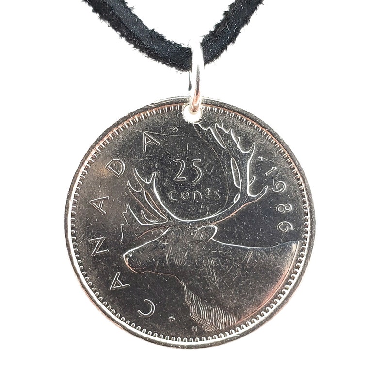 Caribou Coin Necklace, Canadian 25 Cents, Coin Pendant, Leather Cord, Men's Necklace, Women's Necklace, Birth Year, 1983, 1984, 1985, 1986 image 1