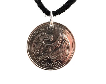 Canadian Coin Necklace, 25 Cents, Quarter, Mens Necklace, Womens Necklace, Leather Cord, Vintage, 1999, Handmade