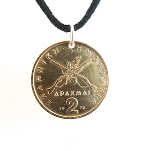 Greek Coin Necklace, 2 Drachmes, Coin Pendant, Crossed Rifles, Leather Cord, Men&#39;s Necklace, Women&#39;s Necklace, 1976, 1978