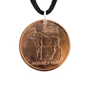 Norway Coin Necklace, 5 Ore, Elk, Moose, Mens Necklace, Womens Necklace, Leather Cord, Birth Year, 1970, 1971, 1972, 1973
