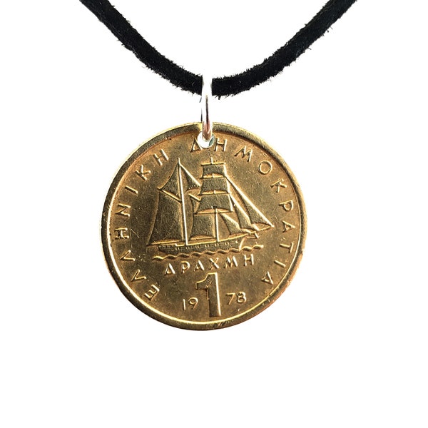 Boat Coin Necklace, Greek 1 Drachma, Coin Pendant, Leather Cord, Maritime, Men's Necklace, Women's Necklace, 1976, 1978