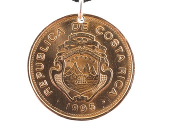 1995 Costa Rica Coin Necklace, 25 Colones, Mens Necklace, Womens Necklace, Coin Pendant, Leather Cord, Vintage