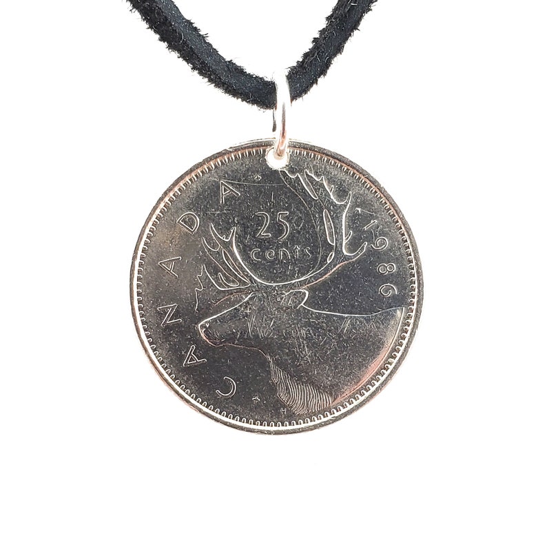 Caribou Coin Necklace, Canadian 25 Cents, Coin Pendant, Leather Cord, Men's Necklace, Women's Necklace, Birth Year, 1983, 1984, 1985, 1986 image 2