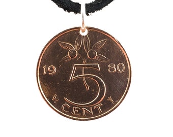 Netherlands Coin Necklace, Coin Pendant, 5 Cents,  Mens Necklace, Womens Necklace, Leather Cord, Birth Year, 1980