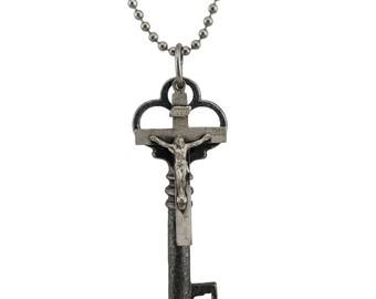 VIntage Skeleton Key And Crucifix Necklace,  Pendant, Mens Necklace, Womens Necklace, Ball Chain, Leather Cord, Handmade, Catholic