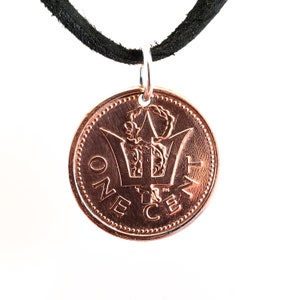 Barbados Coin Necklace, 1 Cent, Trident Pendant, Coin Pendant, Leather Cord, Men&#39;s Necklace, Women&#39;s Necklace, 1997