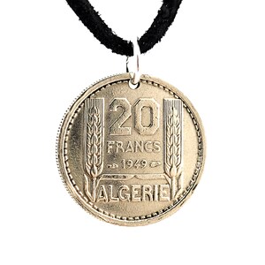 Algeria Coin Necklace, Pendant, Mens Necklace, Womens Necklace, 20 Francs, Leather Cord, 1949, Handmade, Vintage