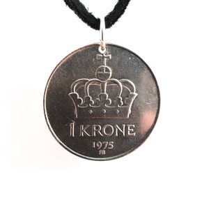 Norway Coin Necklace, Mens Necklace, 1 Krone, Womens Necklace, Leather Cord, Handmade, 1975, 1976, 1977, Vintage
