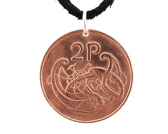 Irish Coin Necklace, Mens Necklace, Womens Necklace, 2 Pence, Leather Cord, Vintage, Handmade, 1995 1996 1998 Celtic