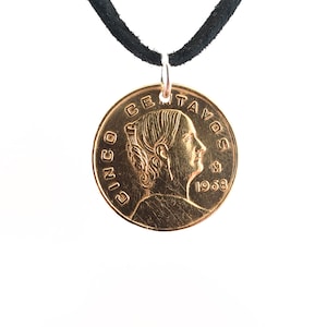 Mexican Coin Necklace, 5 Centavos, Coin Pendant, Leather Cord, Mens Necklace, Womens Necklace, Coin Jewelry, Birth Year, 1960 1966 1968 1969