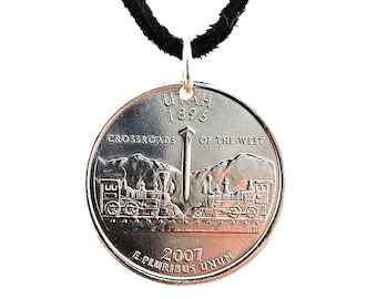 Utah Quarter Coin Necklace, United States, 25 Cents, Pendant, Mens Necklace, Womens Necklace, Leather Cord, Handmade, 2007