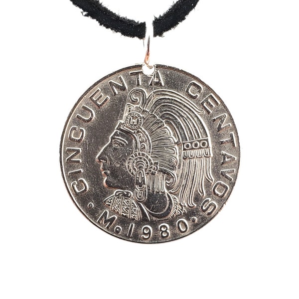 Mexican Coin Necklace, 50 Centavos, Coin Pendant, Leather Cord, Mens Necklace, Womens Necklace, 1980