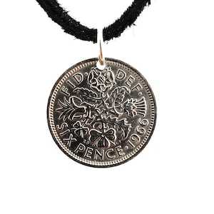 Sixpence Coin Necklace, England 6 Pence, Mens Necklace, Womens Necklace, Coin Pendant, Leather Cord, 1961, 1962, 1963, 1964, 1966, 1967 image 1