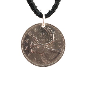 Caribou Coin Necklace, Canadian 25 Cents, Coin Pendant, Leather Cord, Mens Necklace, Womens Necklace, Birth Year, 1971 1974 1975 1977 1978