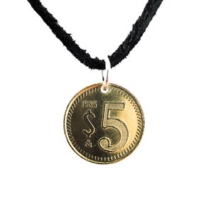 Small Mexican Coin Necklace, 5 Pesos, Coin Pendant, Leather Cord, Handmade, Mens Necklace, Womens Necklace, 1985
