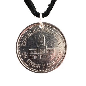 Argentina Coin Necklace, 25 Centavos, Coin Pendant, Leather Cord, Mens Necklace, Womens Necklace, 1994