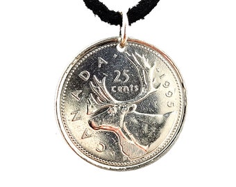 1995 Canadian Coin Necklace, 25 Cents, Coin Pendant, Mens Necklace, Womens Necklace, Leather Cord, Handmade