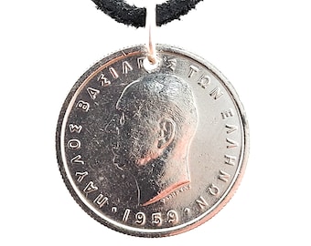 Greek Coin Necklace, 1 Drachma, Coin Pendant, Leather Cord, Mens Necklace, Womens Necklace, 1959