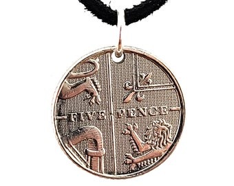 English Coin Necklace, Pendant, 5 Pence, Mens Necklace, Womens Necklace, Leather Cord, Handmade, Birth Year, 2008