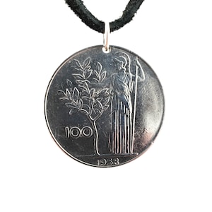 Italian Coin Necklace, Coin Pendant, 100 Lire, Mens Necklace, Womens Necklace, Leather Cord, 1955, 1956, 1957, 1958, Vintage