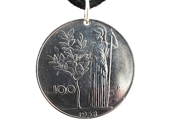 Italian Coin Necklace, Coin Pendant, 100 Lire, Mens Necklace, Womens Necklace, Leather Cord, 1955, 1956, 1957, 1958, Vintage