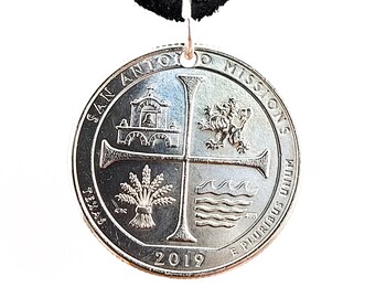 United States Quarter Necklace, Pendant, San Antonio Mission, 25 Cents, Mens Necklace, Womens Necklace, Leather Cord, Handmade, 2019