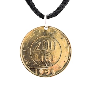 Italian Coin Necklace, Pendant, 200 Lire, Mens Necklace, Womens Necklace, Leather Cord, 1995, Vintage, Handmade, Birth Year