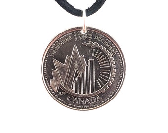 Canadian Coin Necklace, 25 Cents, Coin Pendant, Leather Cord, Mens Necklace, Womens Necklace, 1999