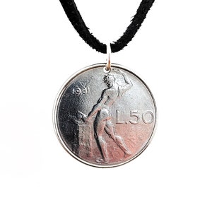 1981 Italian Coin Necklace, 50 Lire, Mens Necklace, Womens Necklace, Coin Pendant, Leather Cord, Vintage