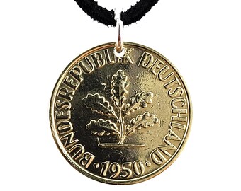 1950 German Coin Necklace, 10 Pfennig, Mens Necklace, Womens Necklace, Coin Pendant, Leather Cord, Vintage
