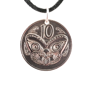 Maori Mask Coin Necklace, New Zealand 10 Cents, Coin Pendant, Leather Cord, Mens Necklace, Womens Necklace, Birth Year, 1978, 1979