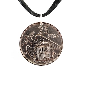 Spanish Coin Necklace, 25 Pesetas, Coin Pendant, Leather Cord, Mens Necklace, Womens Necklace, 1957