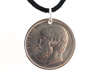 Greek Coin Necklace, 5 Drachmes, Coin Pendant, Mens Necklace, Womens Necklace, Leather Cord, Aristotle, 1980, 1982, 1984, 1986, Vintage