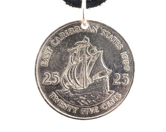 Caribbean Coin Necklace, 25 Cent, Coin Pendant, Boat Pendant, Leather Cord, Men's Necklace, Women's Necklace, 1981, 1989