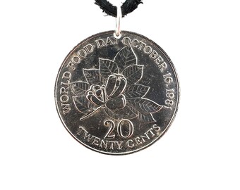 Jamaica Coin Necklace, Coin Pendant, Commemorative, 20 Cents, Mens Necklace, Womens Necklace, Leather Cord, 1981, 1986, Vintage