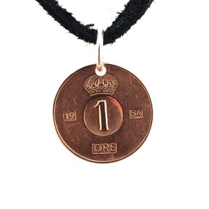 Small Swedish Coin Necklace, 1 Ore, Coin Pendant, Mens Necklace, Womens Necklace, Leather Cord, Birth Year, 1954, Vintage image 5