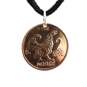 Norway Coin Necklace, 2 Ore, Bird Pendant, Coin Pendant, Leather Cord, Men&#39;s Necklace, Women&#39;s Necklace, 1970, 1971, 1972